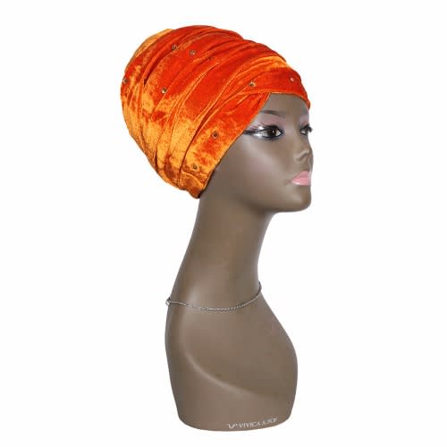 Stone Studded Velvet Wrap Turban - Orange