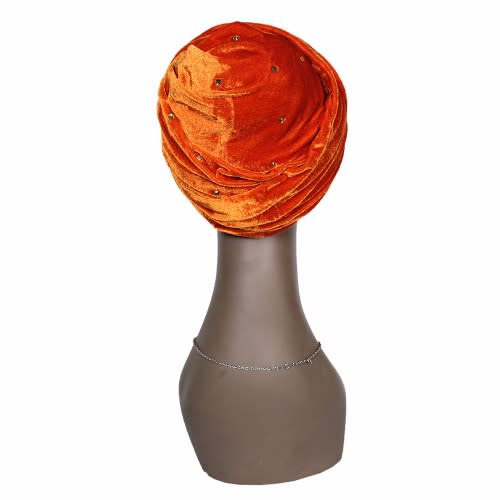 Stone Studded Velvet Wrap Turban - Orange