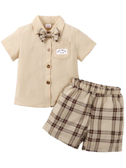 1-6Years Kid Boy Bow Short Sleeve Shirt+ Plaid Shorts