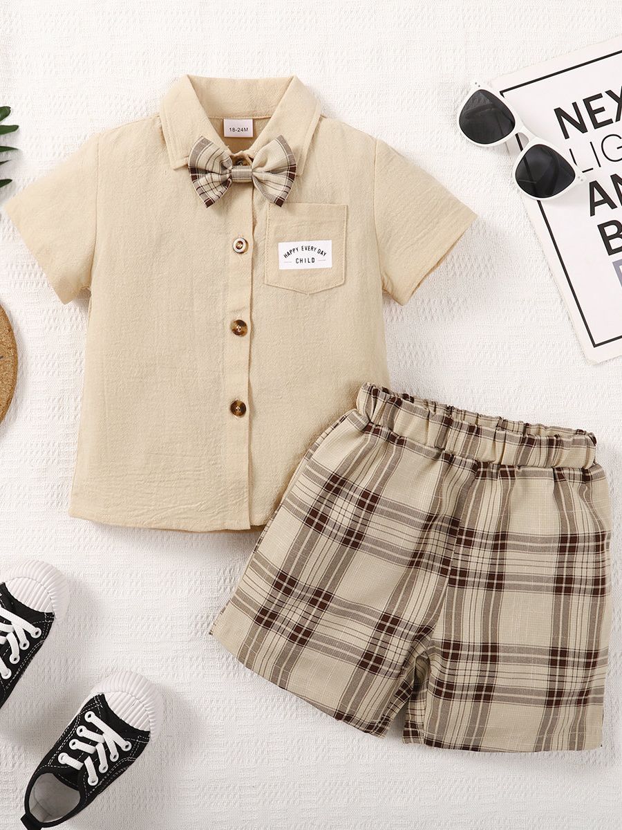 1-6Years Kid Boy Bow Short Sleeve Shirt+ Plaid Shorts