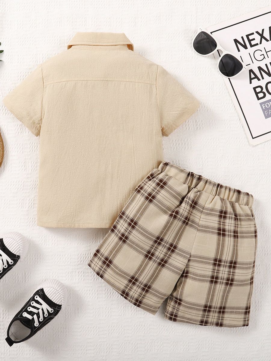 1-6Years Kid Boy Bow Short Sleeve Shirt+ Plaid Shorts