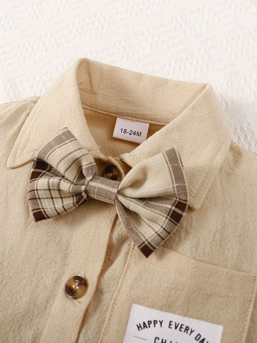 1-6Years Kid Boy Bow Short Sleeve Shirt+ Plaid Shorts