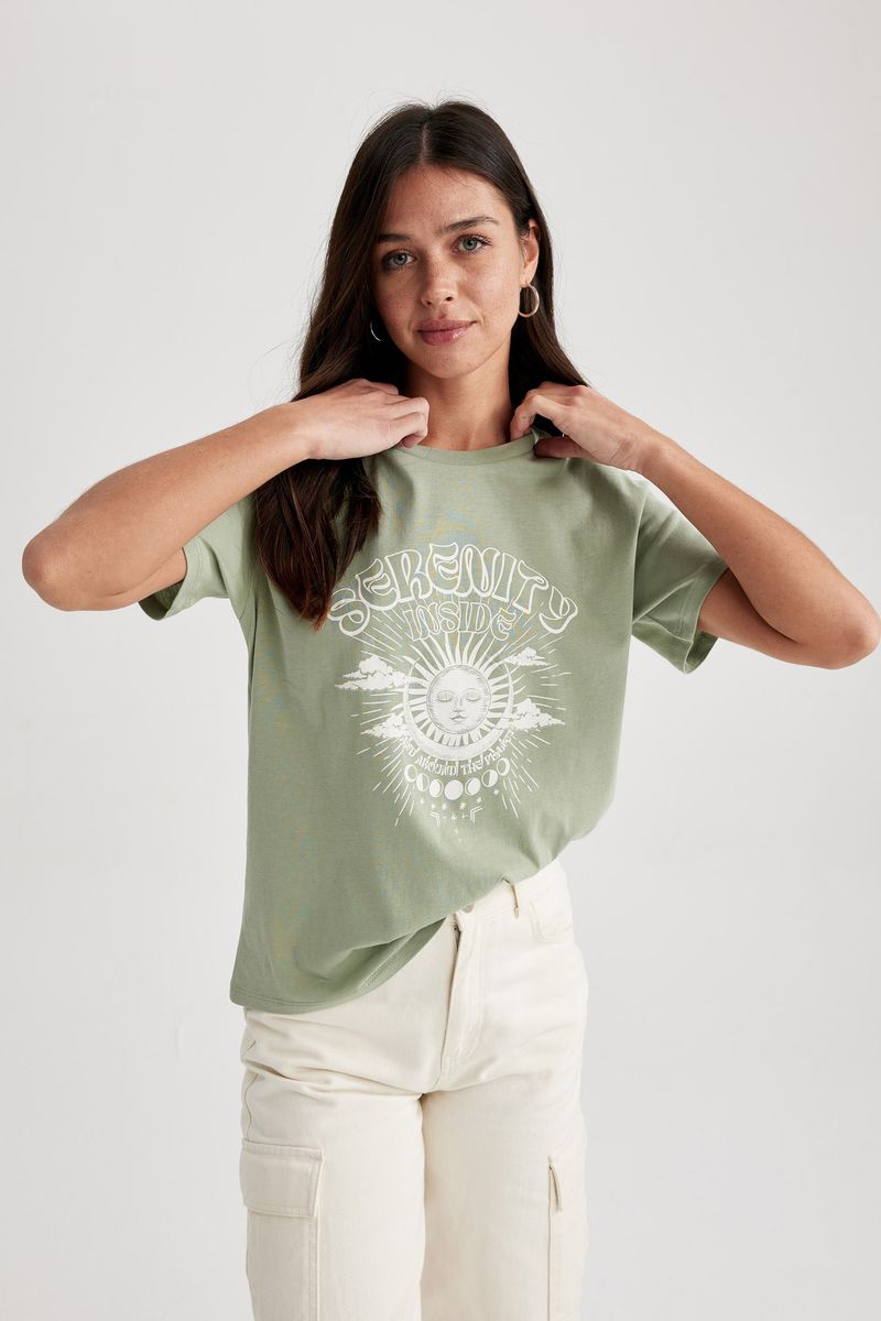 Woman Young Regular Fit Crew Neck Knitted Short Sleeve T-Shirt - Green