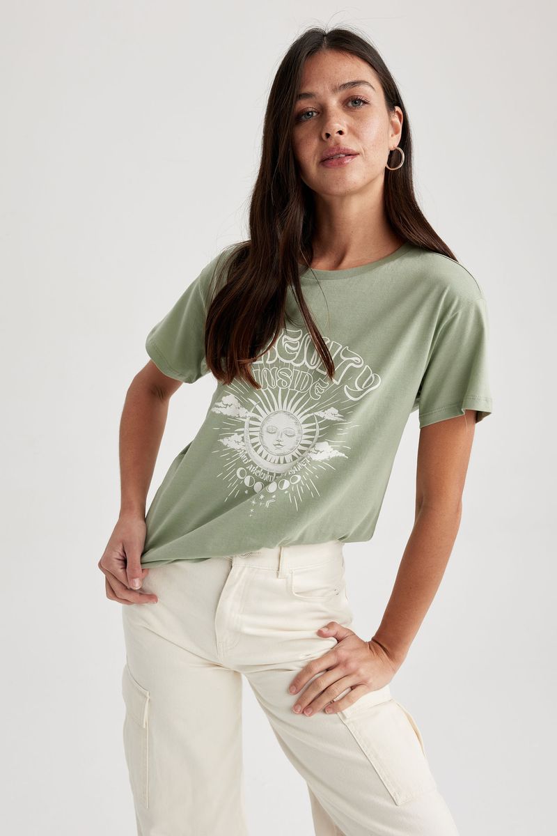 Woman Young Regular Fit Crew Neck Knitted Short Sleeve T-Shirt - Green