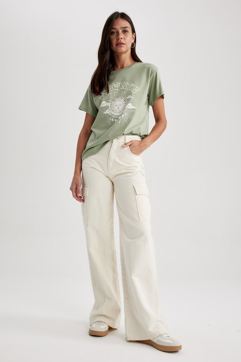 Woman Young Regular Fit Crew Neck Knitted Short Sleeve T-Shirt - Green