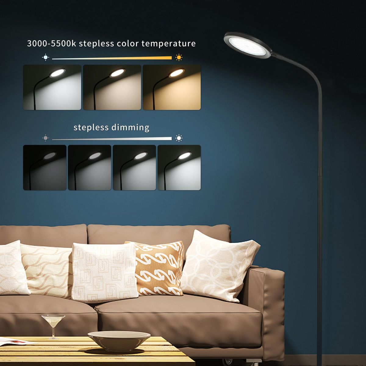 Tomshine 15W Bright LEDs Floor Lamp Modern Standing Light with Remote Control Touching Control Stepless Changing Color Temperatures Eye-caring Dimmable Reading Light for Reading Bedroom Office