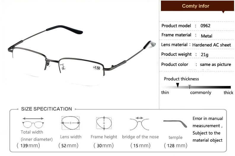 BOYSEEN Men's Half Frame Memory Glasses Fashion Metal Ultralight Myopia Finished Glasses 0962