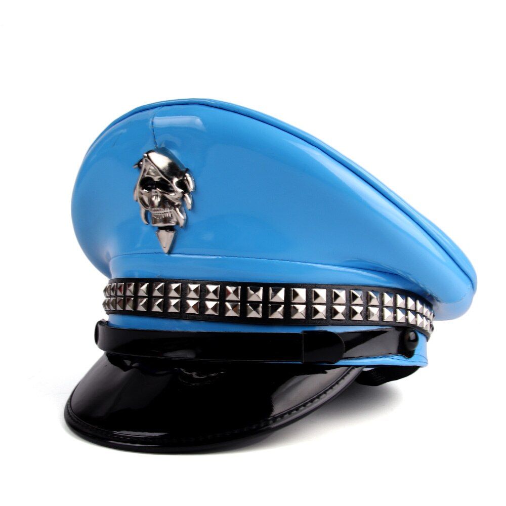 100% Leather Y Officer Visor Cap  Hat Cortical Ary Hats Police Cap Halloween Cosplay Steampunk Nightclub Hat-Blue