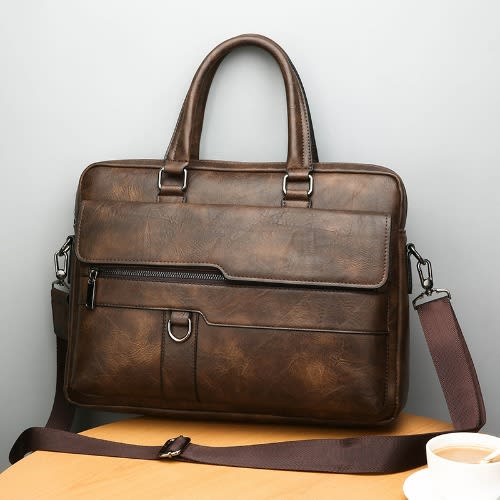 Executive Men's Leather Business Bag - Khaki