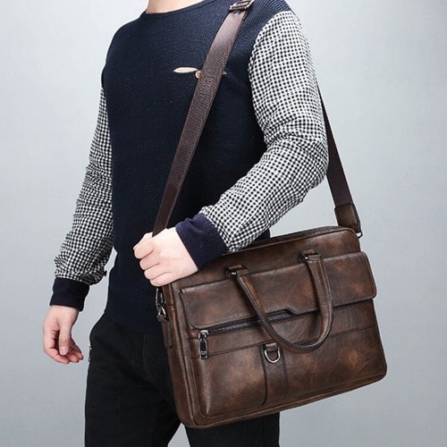 Executive Men's Leather Business Bag - Khaki