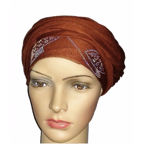 Silky Soft Regal Front Studded Turban with Orbital Print - Cocoa Brown