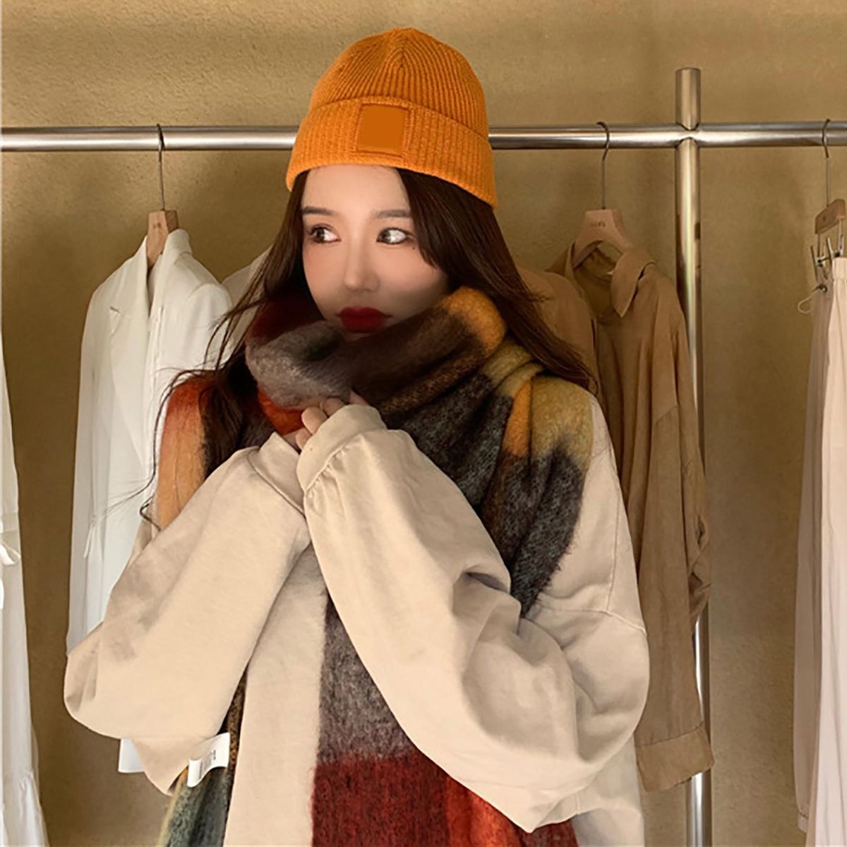 Women Scarf Autumn Winter Women Plaid Printing Scarf Orange
