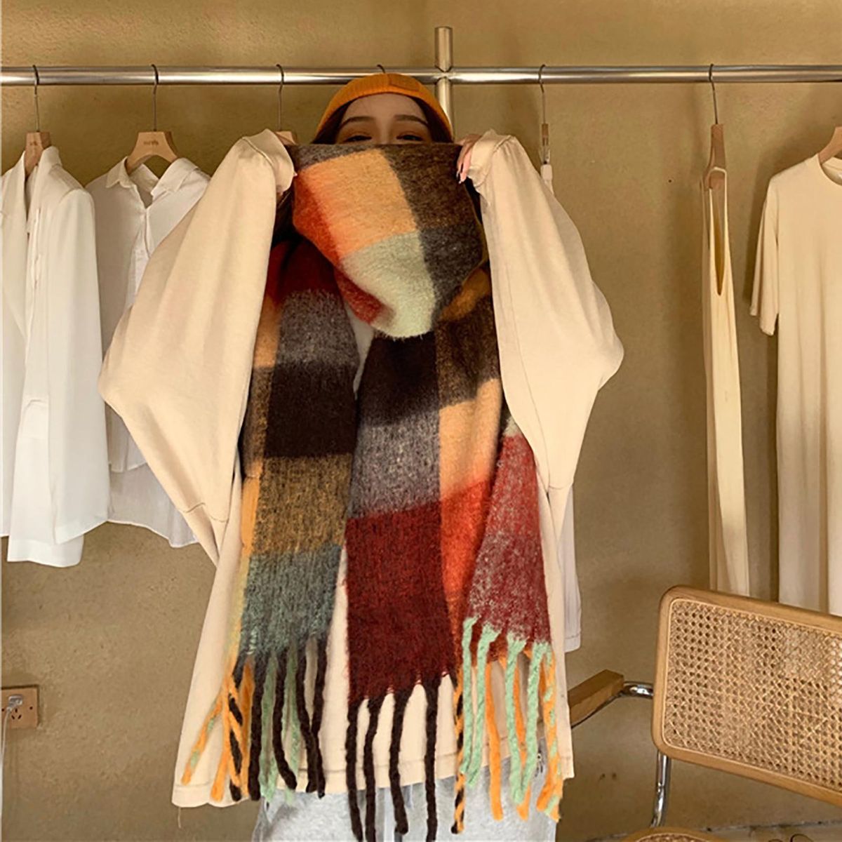 Women Scarf Autumn Winter Women Plaid Printing Scarf Orange
