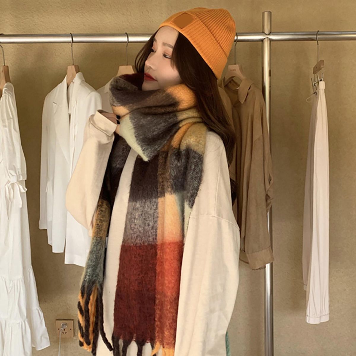 Women Scarf Autumn Winter Women Plaid Printing Scarf Orange