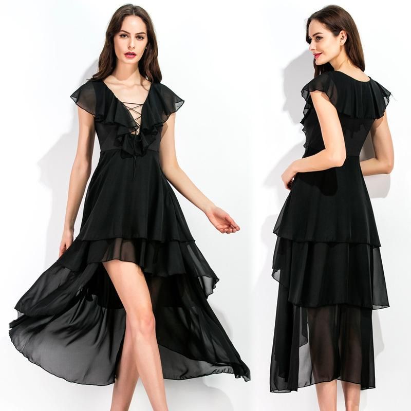Dress dress summer new sexy hollow binding hem irregular slim chiffon dress