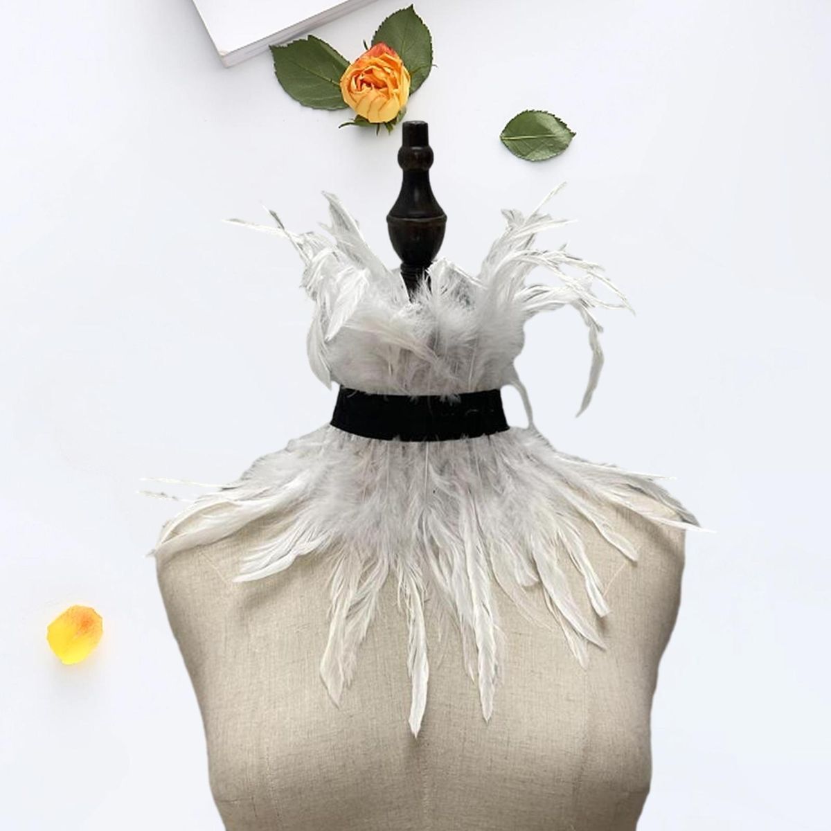 Faux Feather Fake Collar Feathered Lace Neck Sleeve Chic for Women White