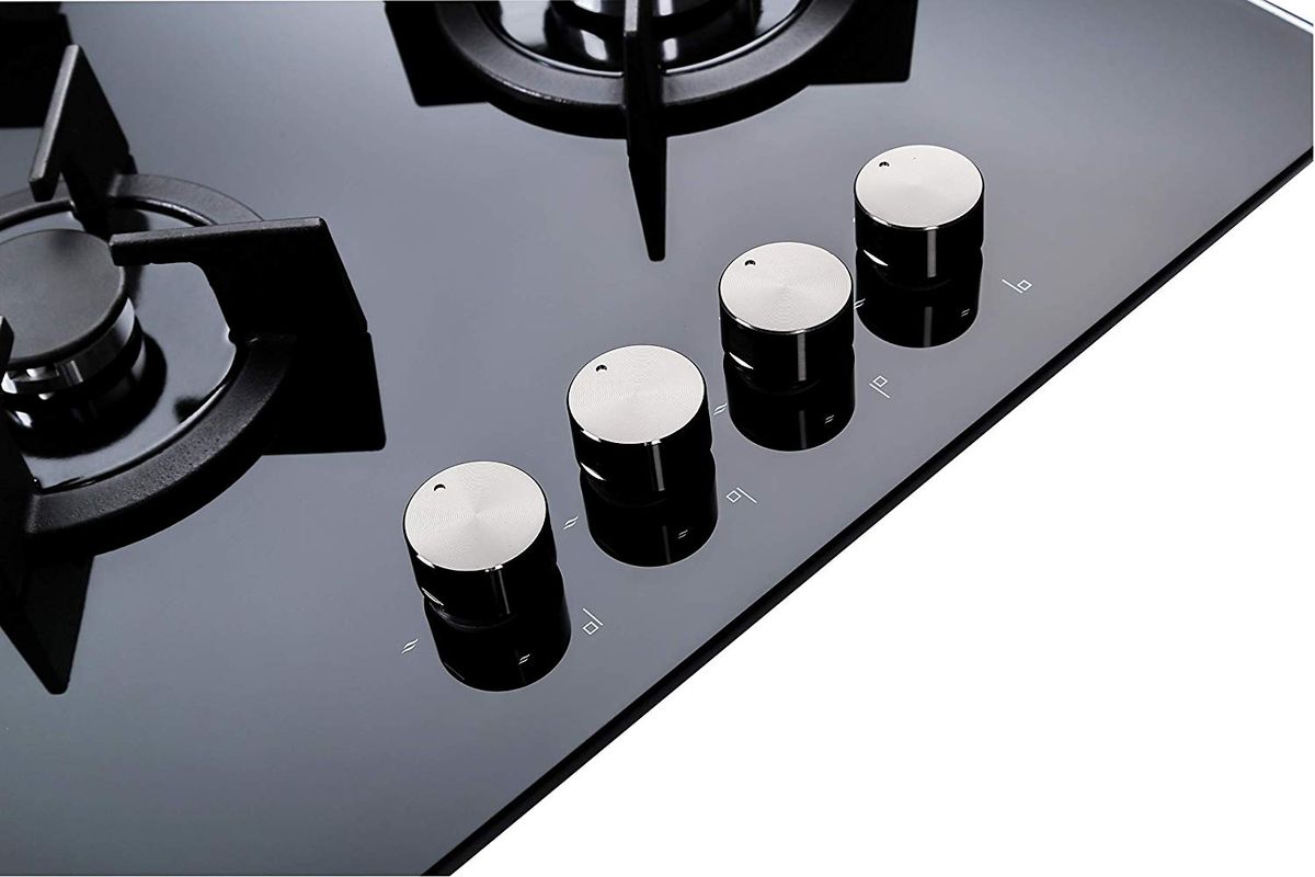 60cm Built-in 4 Burner Black Gas On Glass Hob Aut Batt Ign
