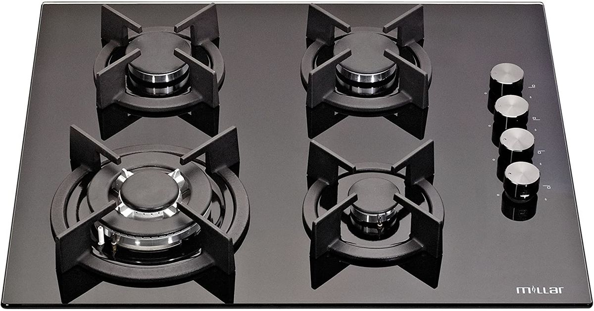 60cm Built-in 4 Burner Black Gas On Glass Hob Aut Batt Ign
