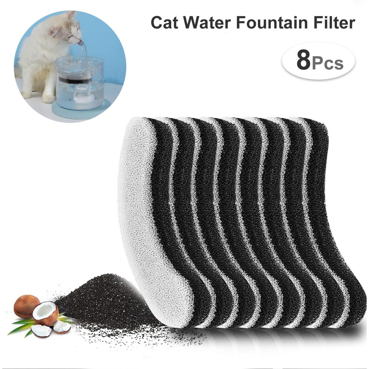 8pcs Filters for 61OZ/1.8L Transparent Cat Water Fountain Filters Pet Fountain Activated Carbon Filter Replacement Filter for Cat Fountain