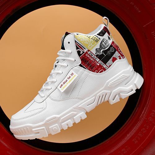 Mens Leather Casual Shoes Male Round Head High Gang Lace Up Big Size Red