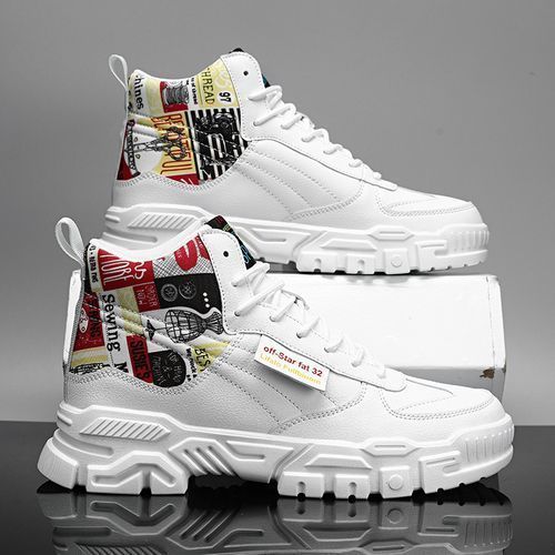 Mens Leather Casual Shoes Male Round Head High Gang Lace Up Big Size Red