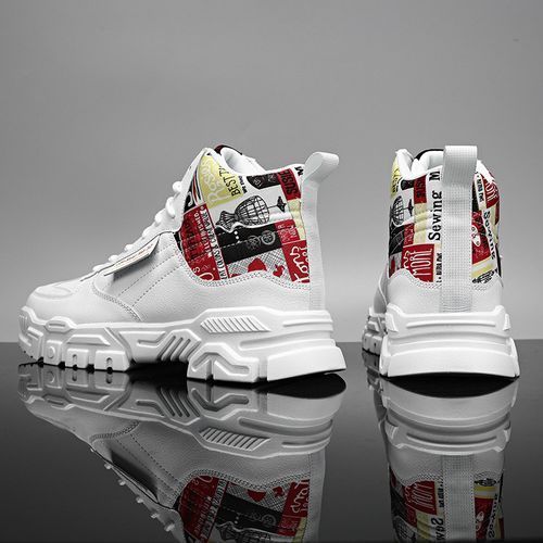 Mens Leather Casual Shoes Male Round Head High Gang Lace Up Big Size Red