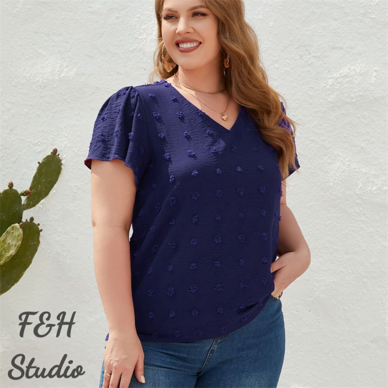 F&H 3322 XL-4XL V Neck Short Sleeves Lovely Furry Ball Decoration Navy