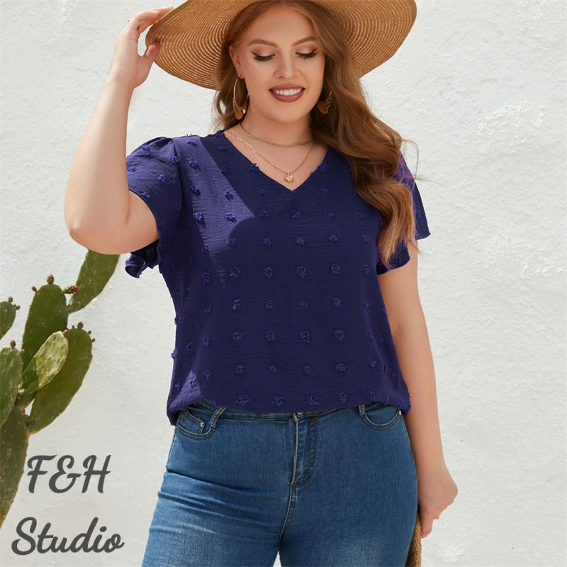 F&H 3322 XL-4XL V Neck Short Sleeves Lovely Furry Ball Decoration Navy