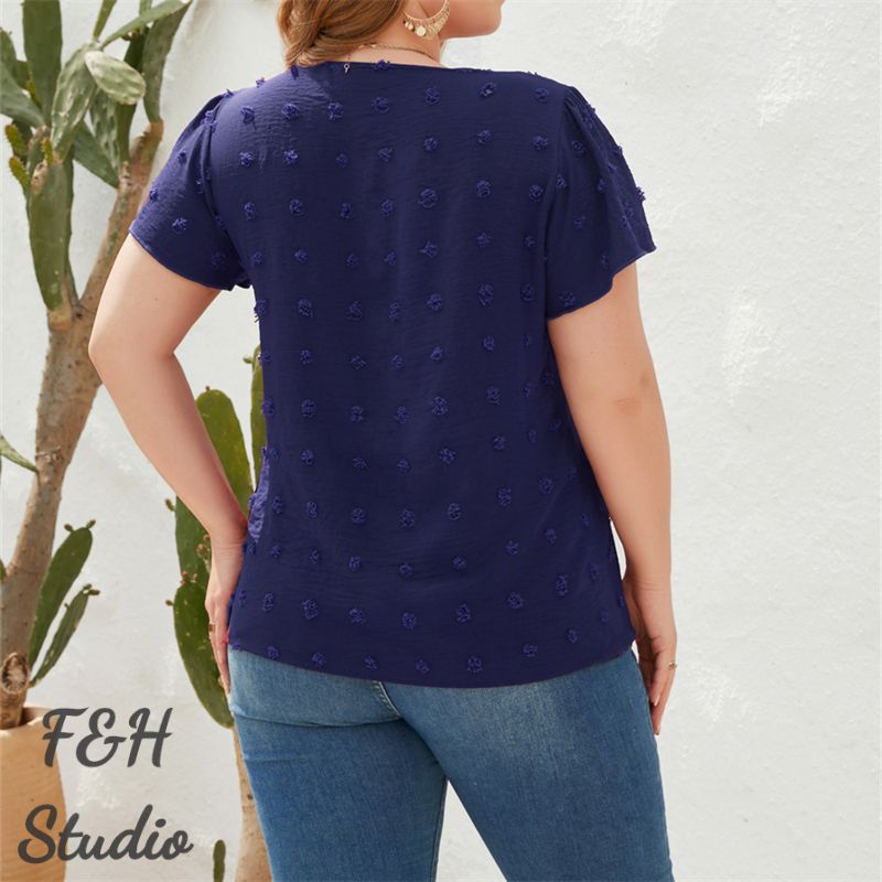F&H 3322 XL-4XL V Neck Short Sleeves Lovely Furry Ball Decoration Navy