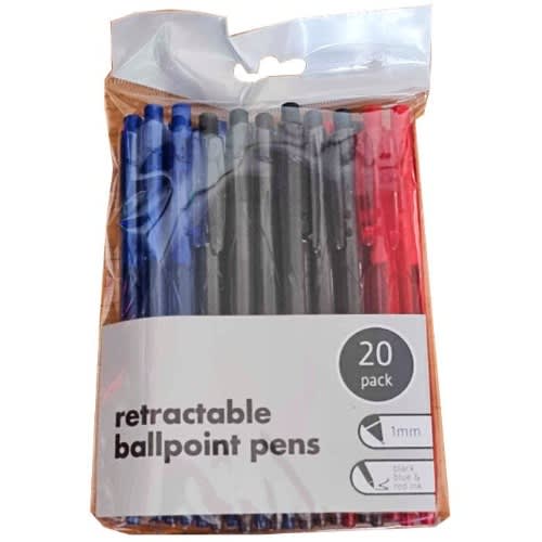 Retractable Ballpoint Pens - Black, Blue & Red Color -Pack Of 20