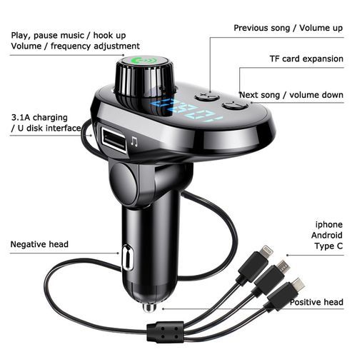 Q15 Multifunctional Car Dual USB 3.1A Charger Bluetooth FM Transmitter With 3 In 1 Cable (Orange)