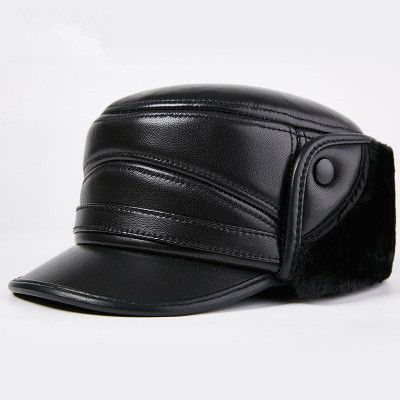 Autumn Winter Men Genuine Leather Ear Protection Caps Fashion Warm Male Er Hats Christmas  Year Gift-black Black
