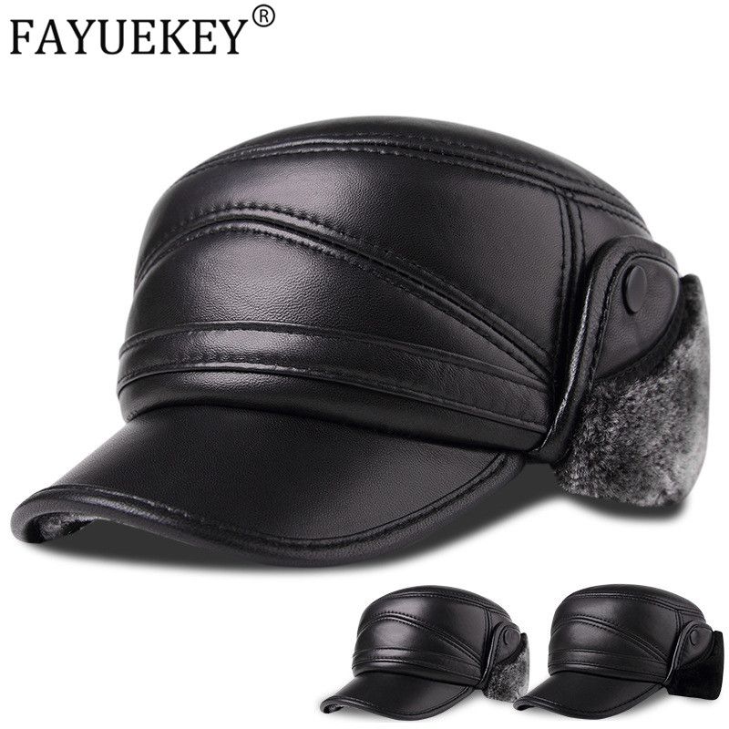 Autumn Winter Men Genuine Leather Ear Protection Caps Fashion Warm Male Er Hats Christmas  Year Gift-black Black