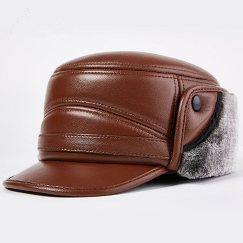 Autumn Winter Men Genuine Leather Ear Protection Caps Fashion Warm Male Er Hats Christmas  Year Gift-black Black