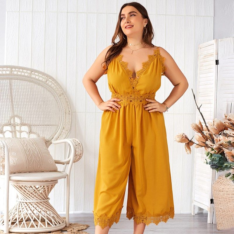 XL-4XL Women V Neck Sleeveless Slim Fit Plus Size Jumpsuit Romper Yellow 2530