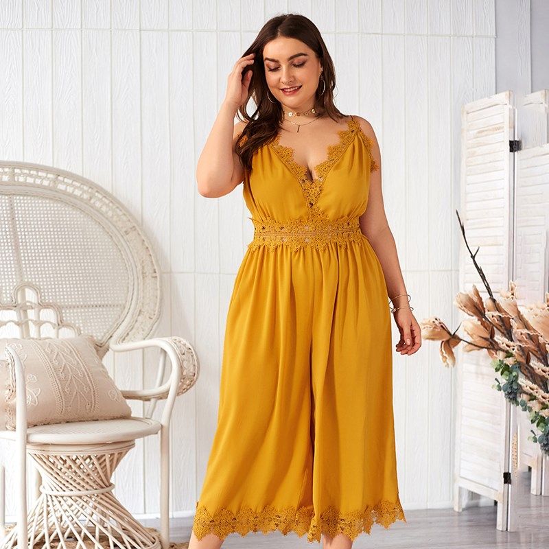 XL-4XL Women V Neck Sleeveless Slim Fit Plus Size Jumpsuit Romper Yellow 2530