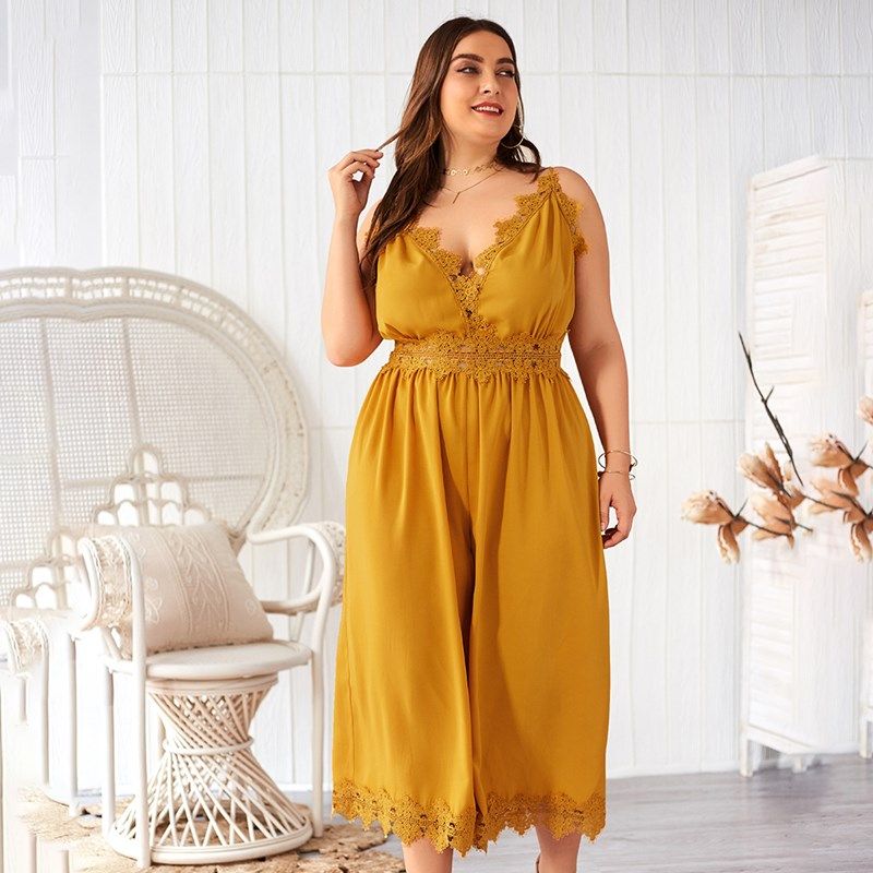 XL-4XL Women V Neck Sleeveless Slim Fit Plus Size Jumpsuit Romper Yellow 2530
