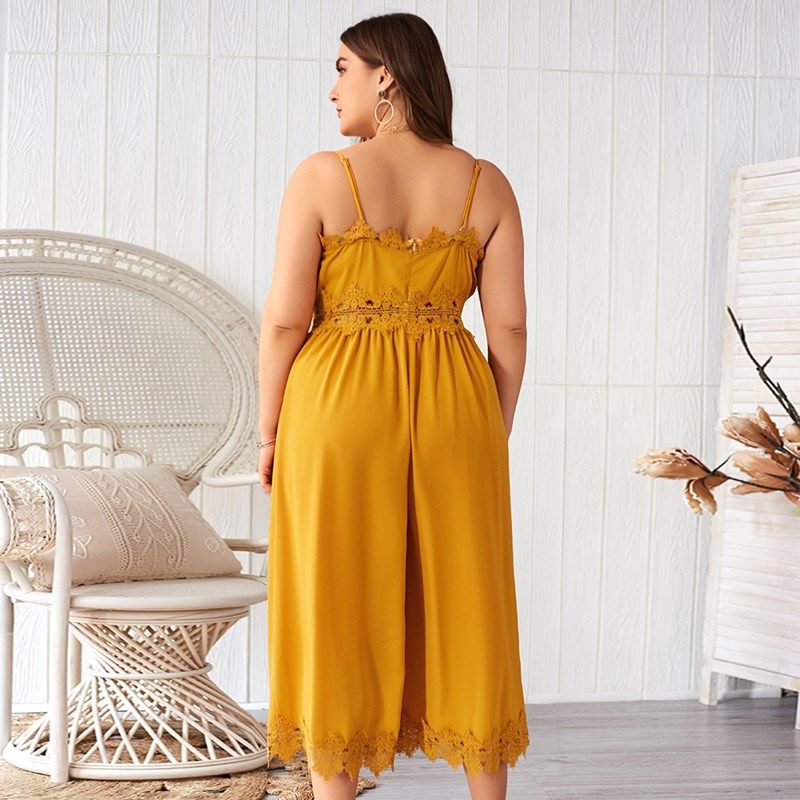 XL-4XL Women V Neck Sleeveless Slim Fit Plus Size Jumpsuit Romper Yellow 2530