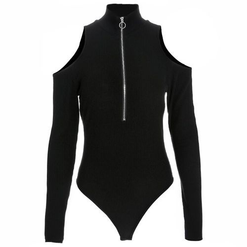 Women Black Off Shoulder Bodysuits Autumn Long Sleeve Sexy Turtleneck Body Women Bodycon Zippper Bodysuit(#White)