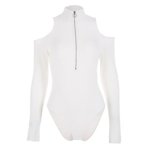 Women Black Off Shoulder Bodysuits Autumn Long Sleeve Sexy Turtleneck Body Women Bodycon Zippper Bodysuit(#White)