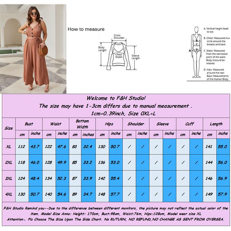 XL-4XL Women V Neck Sleeveless Front Buttons Plus Size Jumpsuit Playsuit 2603