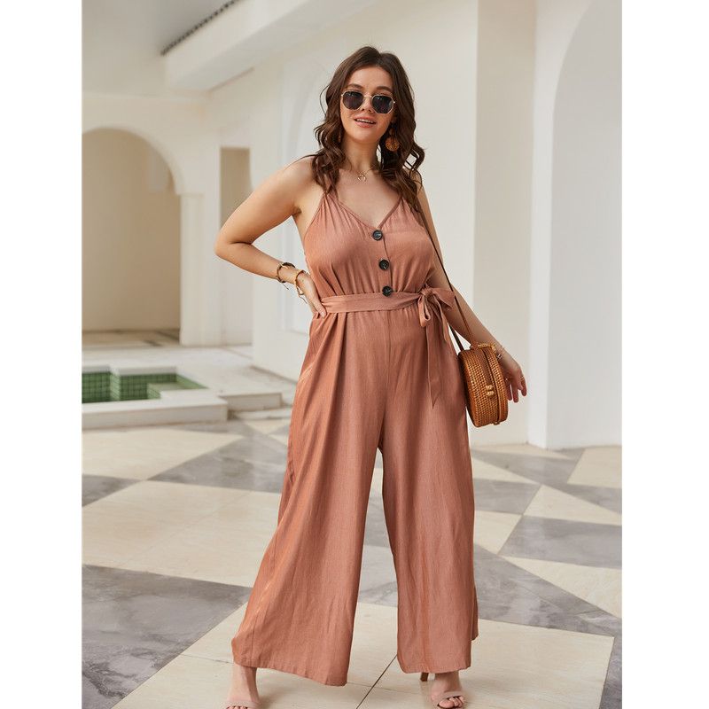 XL-4XL Women V Neck Sleeveless Front Buttons Plus Size Jumpsuit Playsuit 2603