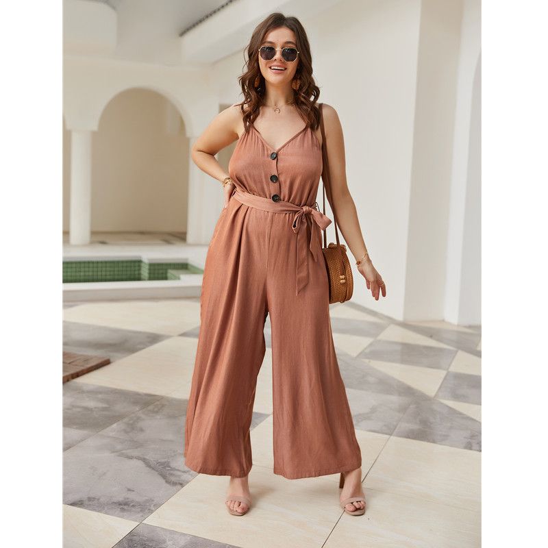 XL-4XL Women V Neck Sleeveless Front Buttons Plus Size Jumpsuit Playsuit 2603