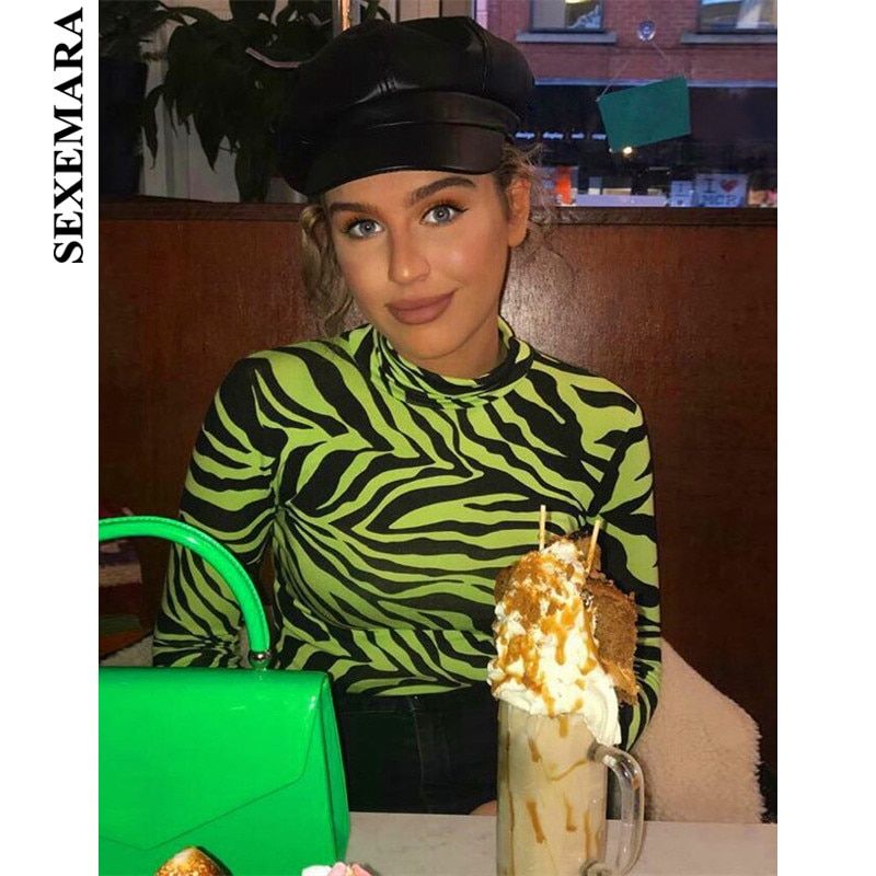 Sexy Bodysuit Women Zebra Animal Print Neon Green Hot Pink Turtleneck Long Sleeve Body Suit Tops Spring C70-I94(#Pink)