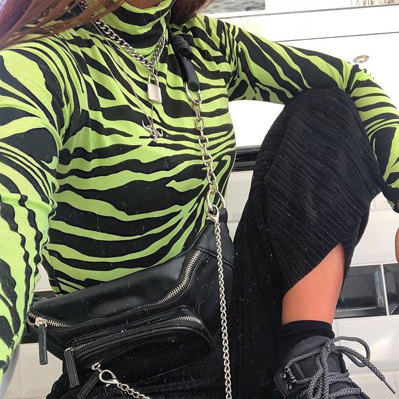 Sexy Bodysuit Women Zebra Animal Print Neon Green Hot Pink Turtleneck Long Sleeve Body Suit Tops Spring C70-I94(#Pink)