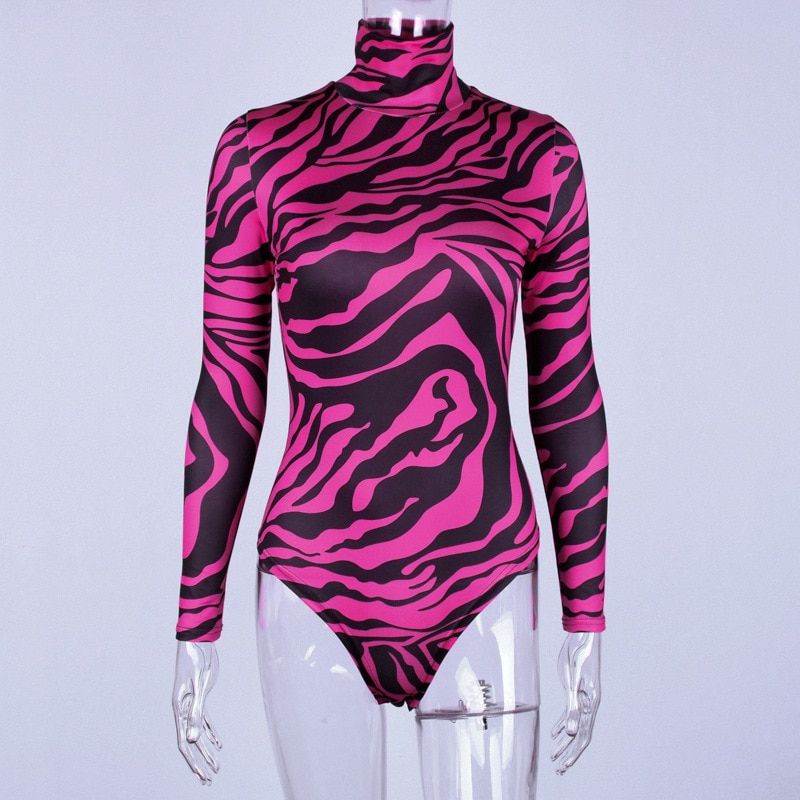 Sexy Bodysuit Women Zebra Animal Print Neon Green Hot Pink Turtleneck Long Sleeve Body Suit Tops Spring C70-I94(#Pink)