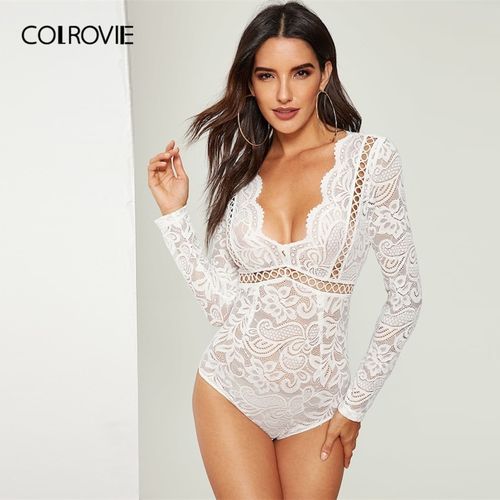 White V-Neck Scalloped Lace Skinny Sexy Bodysuit Women Long Sleeve Elegant Ladies Bodysuits One-Piece(#White)