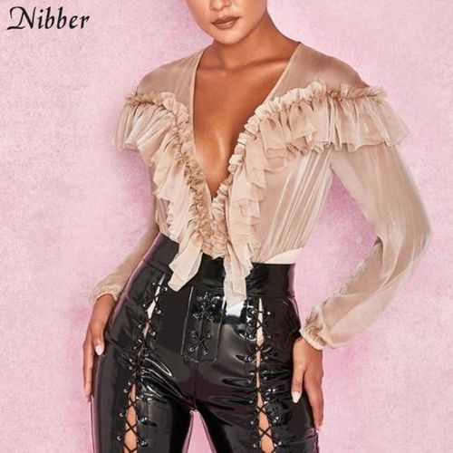 Spring Wild Elegant Black Full Sleeve Bodysuits2019hot French Romantic Ruffles Office Ladies Casual Sexy Bodysuit(#Black)