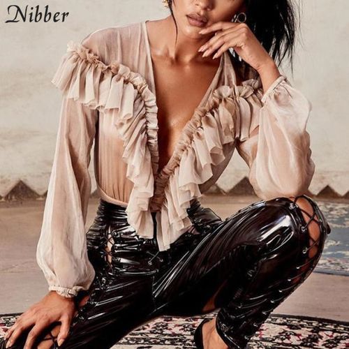 Spring Wild Elegant Black Full Sleeve Bodysuits2019hot French Romantic Ruffles Office Ladies Casual Sexy Bodysuit(#Black)