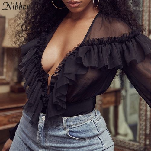 Spring Wild Elegant Black Full Sleeve Bodysuits2019hot French Romantic Ruffles Office Ladies Casual Sexy Bodysuit(#Black)